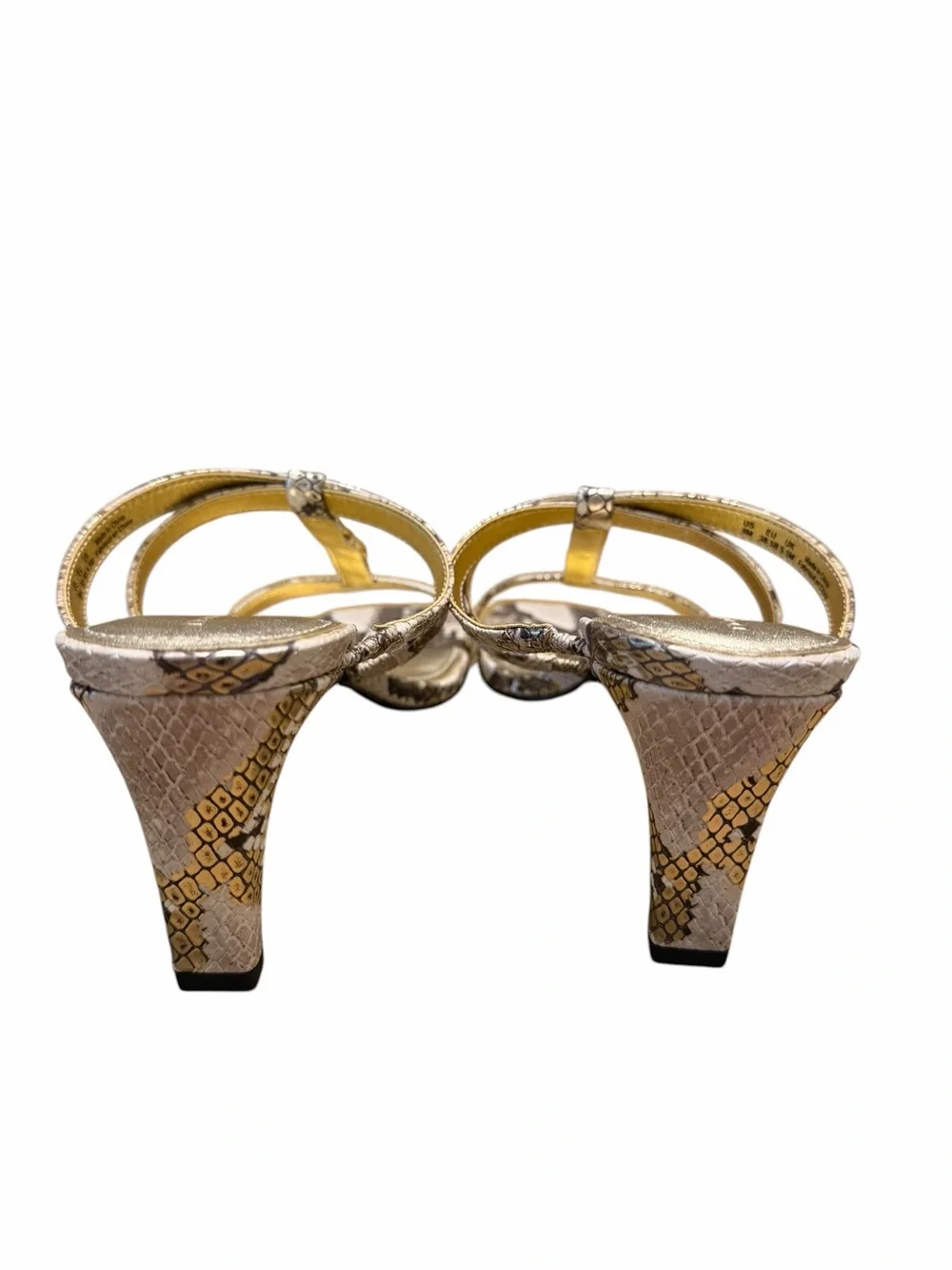 Donna Karan NY Snake Print Leather Gold Chain Mule Heels Sandals Size 8 NWOB